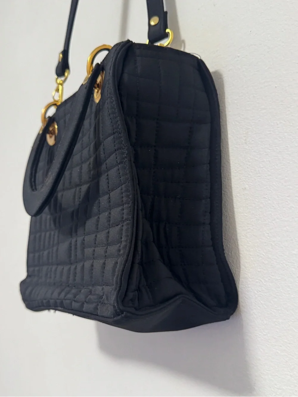Black Quilted Tote Bag Gold‎ Hardware Top Handle Crossbody Shoulder Purse